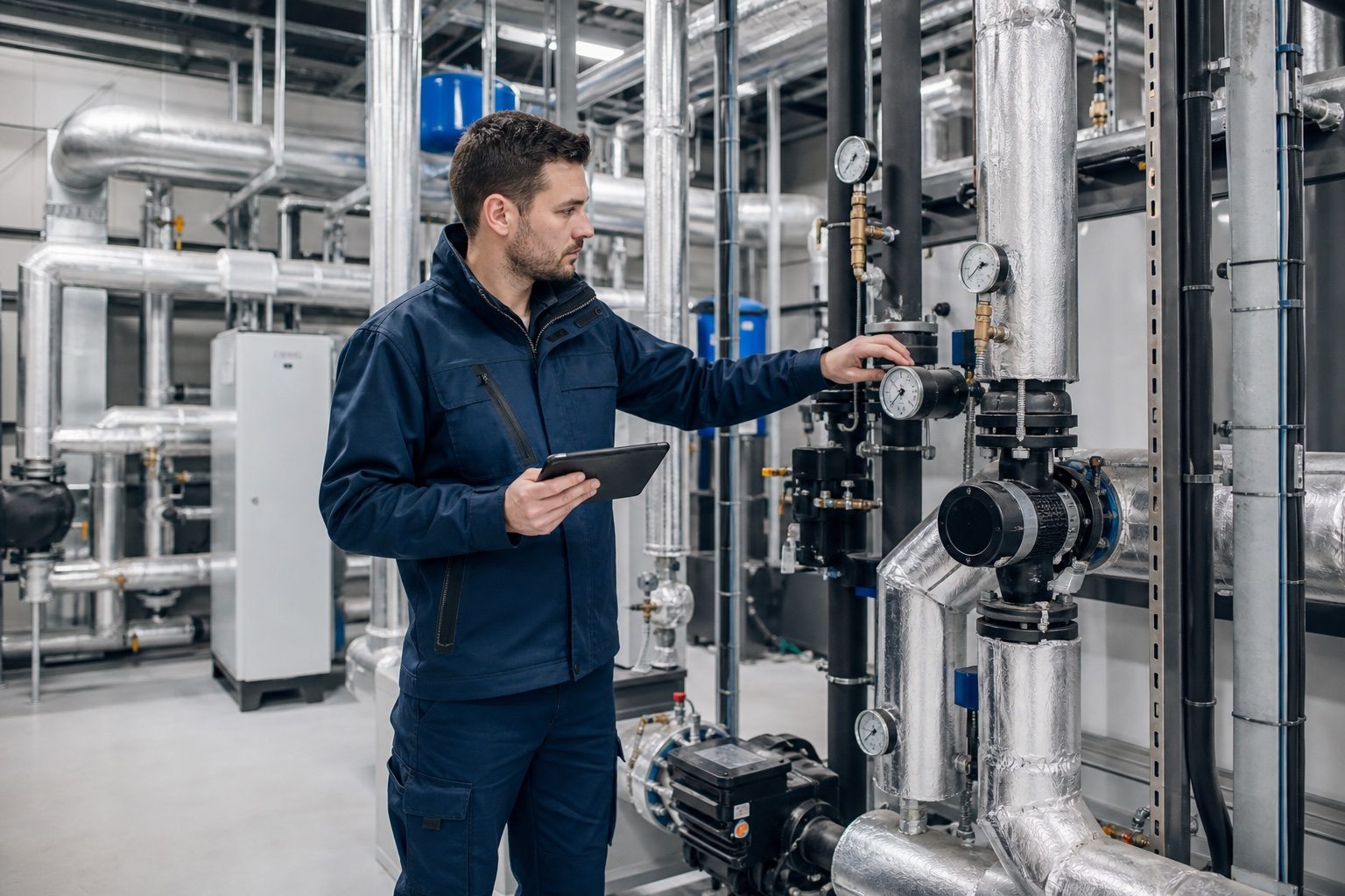 Mechanical engineer inspecting gauges and pipework in a commercial plant room